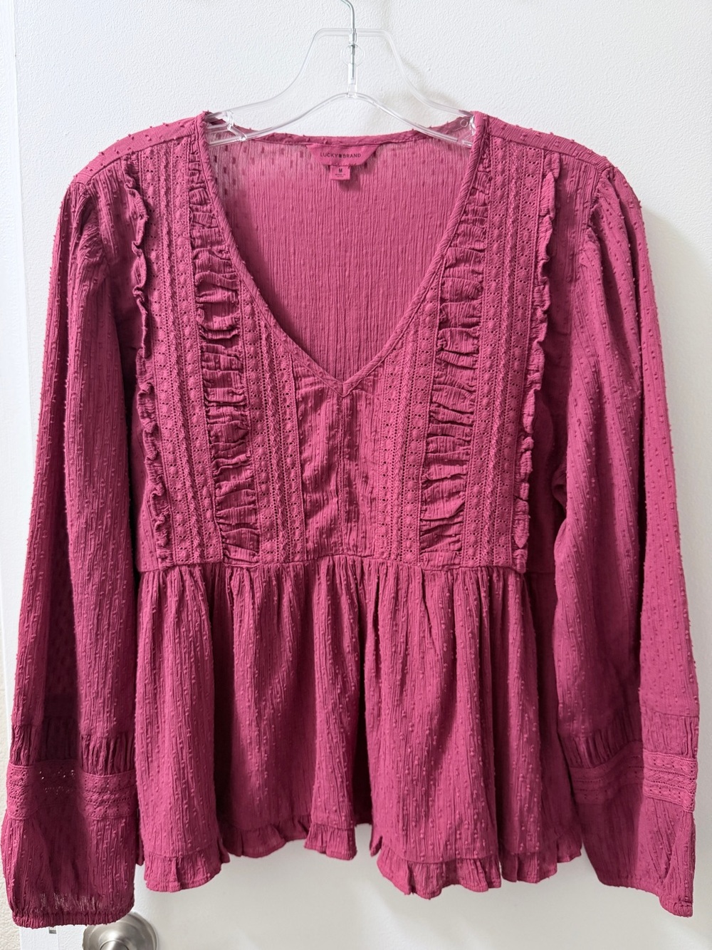 Lucky Brand Raspberry Pink Ruffled V-Neck Peplum Blouse
